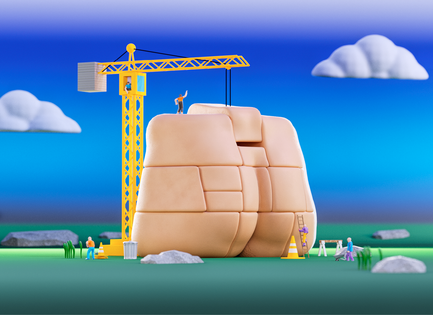 A crane is lifting a large rock, which is being used to build a wall. AI generated content