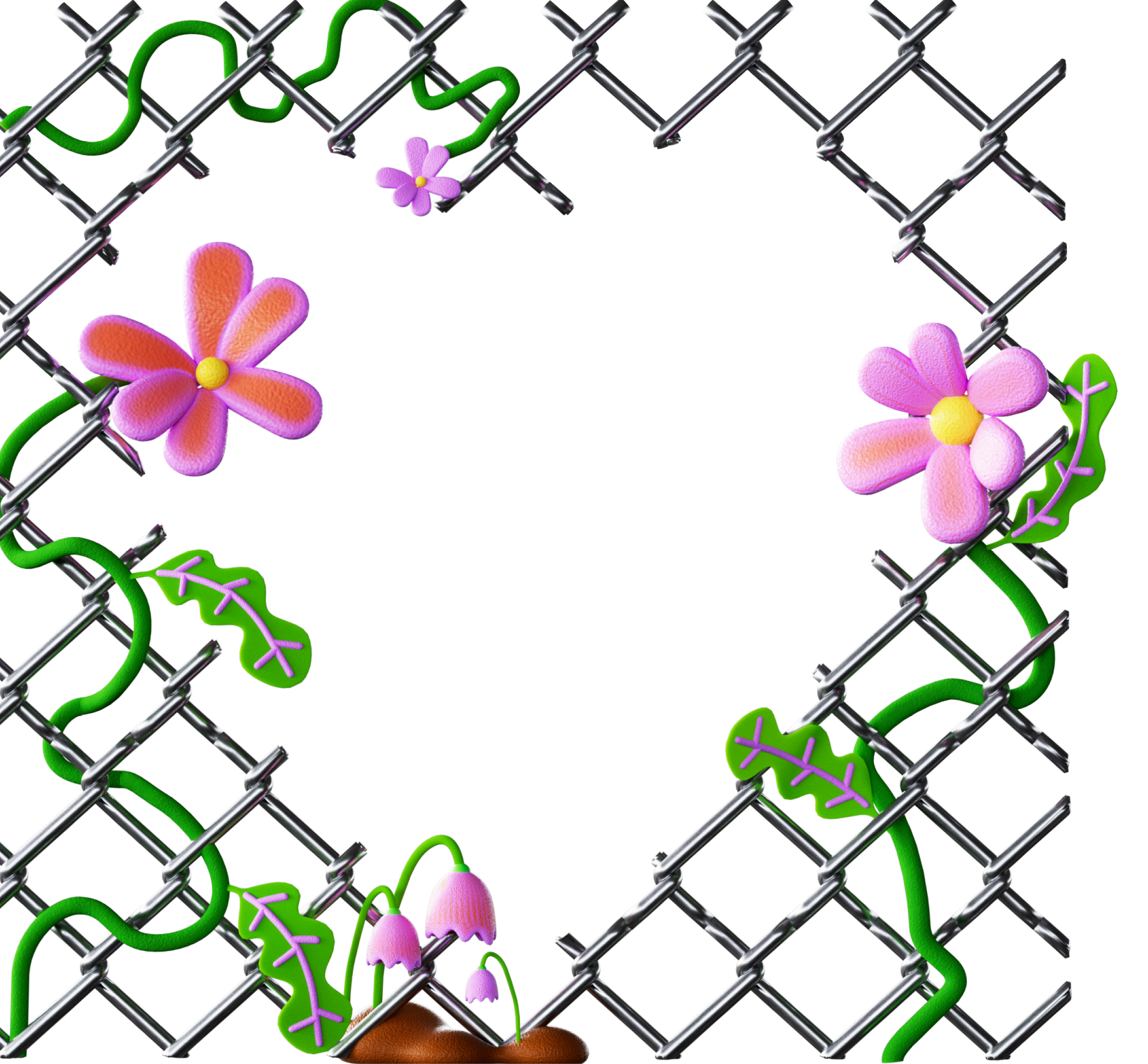 A fence with a metal chain link design is adorned with pink flowers. AI generated content