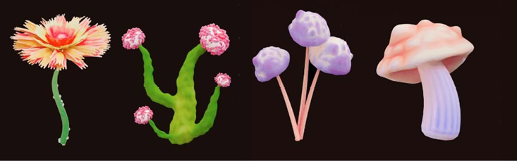 A collection of various candy and toy figures, including a donut, a mushroom, a flower, and a cactus, are displayed on a black background. AI generated content