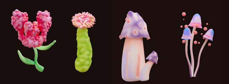 A collection of various candy and toy figures, including a donut, a mushroom, a flower, and a cactus, are displayed on a black background. AI generated content